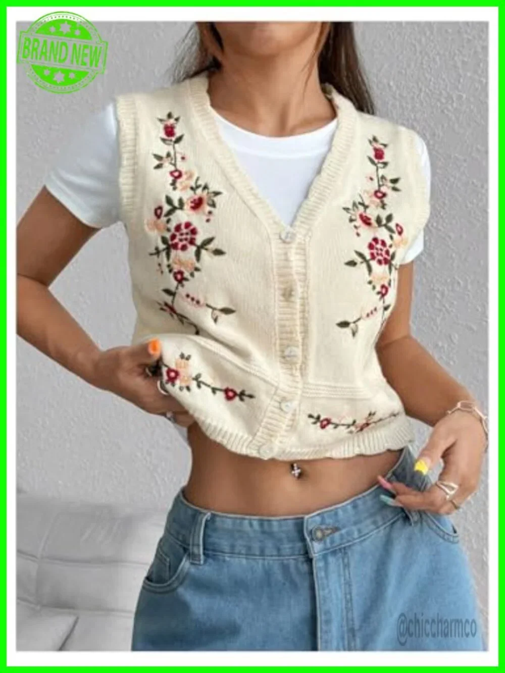 Women's Sleeveless Sweater Vest Floral Embroidered Knit Cardigan